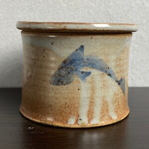 Studio Pottery Ceramic French Butter Bell Crock Blue Dolphin Speckled Glaze